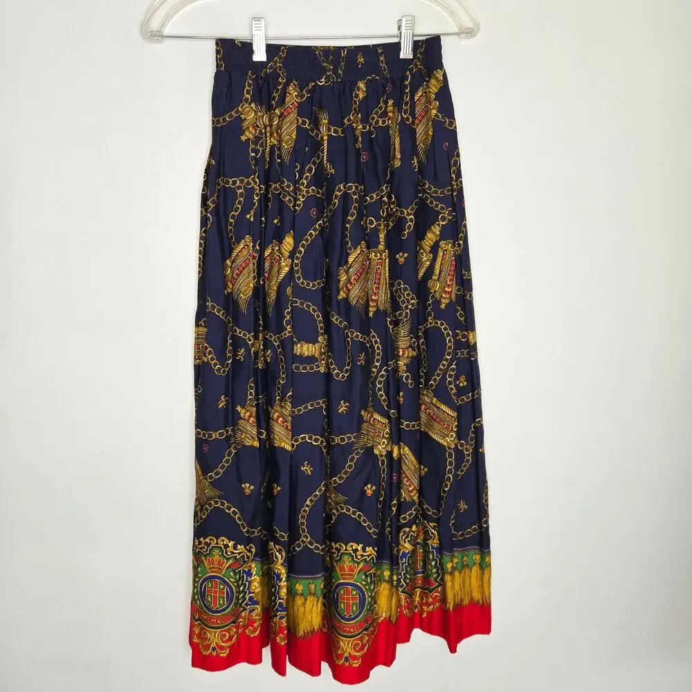 Vintage Ornate Scarf Print Midi Skirt Royal Lions Baroque Maximalist Women Small